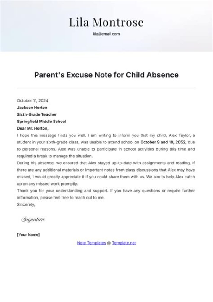 How do I write a note to excuse my child from the gym?